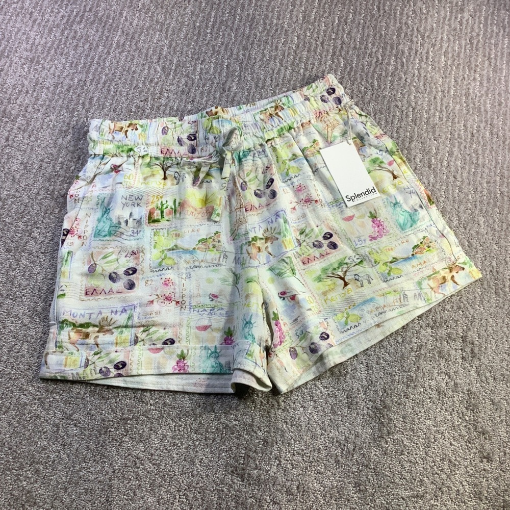 Splendid Travel Postcard Print Linen Blend Shorts Womens Size M NWT